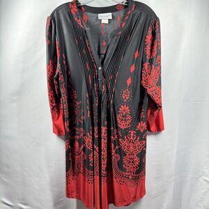 Serengeti Dress Womens Medium Black Red Boho Tunic Pleated Henley Long Sleeve